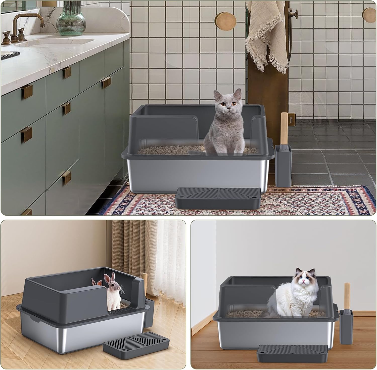 Gimars XL Stainless Steel Cat Litter Box 23.6 x 15.7 x 12.2in, Easy to Clean & No Odour Stainless 36L High Sided Steel Litter Tray, Leak-Proof Cat Litter Trays with Scoop & Pedal