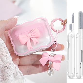 for AirPods Pro 2nd/1st Generation Cover,Cute 3D Bow Pattern Design AirPods Pro 2 Case,Clear Soft TPU iPod Pro Case with Butterfly Keychain and Cleaner Kit for Women Girls AirPod Pro Case-Pink