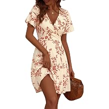 FENSACE Women Sundress Summer Wrap V Neck Flowy Midi Dress | Ruffle Short Sleeve, Empire Waist, A Line, Fit and Flare, Baby Bridal Shower, Wedding, Vacation, Party