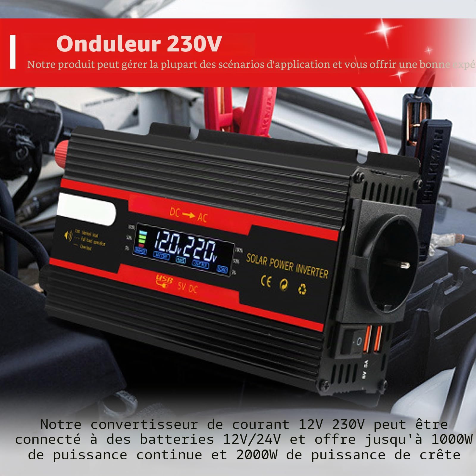 Convertisseur de tension DC 12 V/24 V vers AC 230 V - Onde sinusoïdale modifiée - 2000 W - Avec prises UE - 2 USB et affichage LCD - Adaptateur pour voiture, camion, caravane, camping