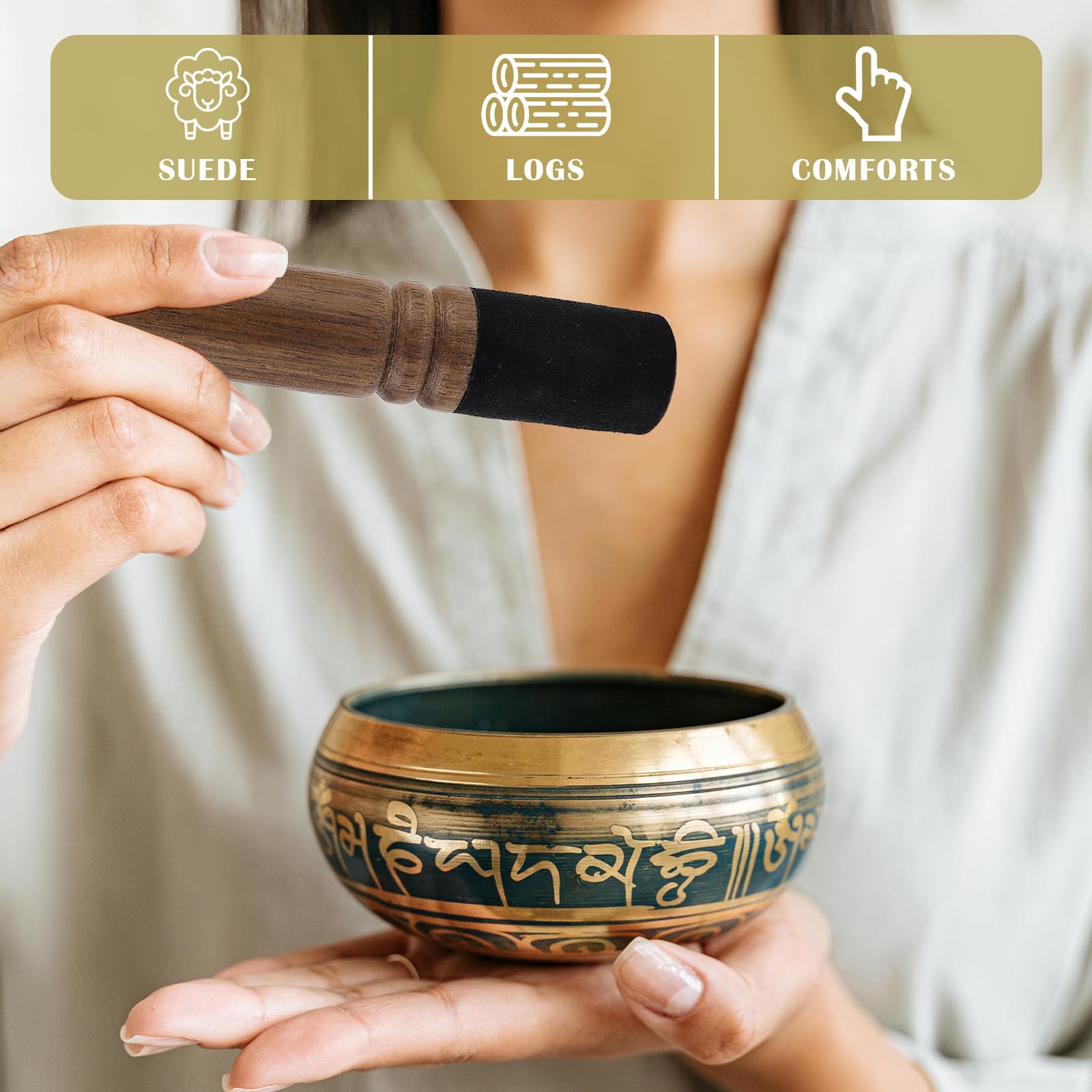 FERCAISH Wooden Singing Bowl Beater, Tibetan Singing Bowl Mallet, Leather Wrapped Beater for Meditation Prayer Yoga (12.6 cm) - Image 4