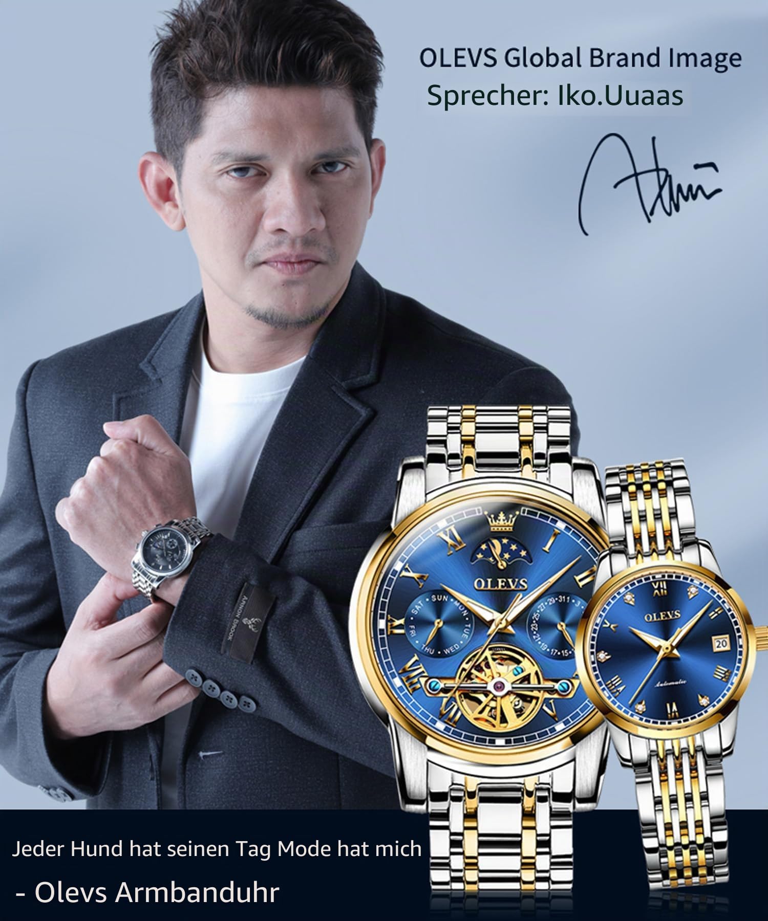 OLEVS Paar Uhren Set mit automatischem mechanischen automatischen Aufzug für Herren Damen Uhren Leuchtend Wasserdicht Edelstahl High-End Casual Business Uhr, 6617-6602, goldfarbenes grünes Armband,