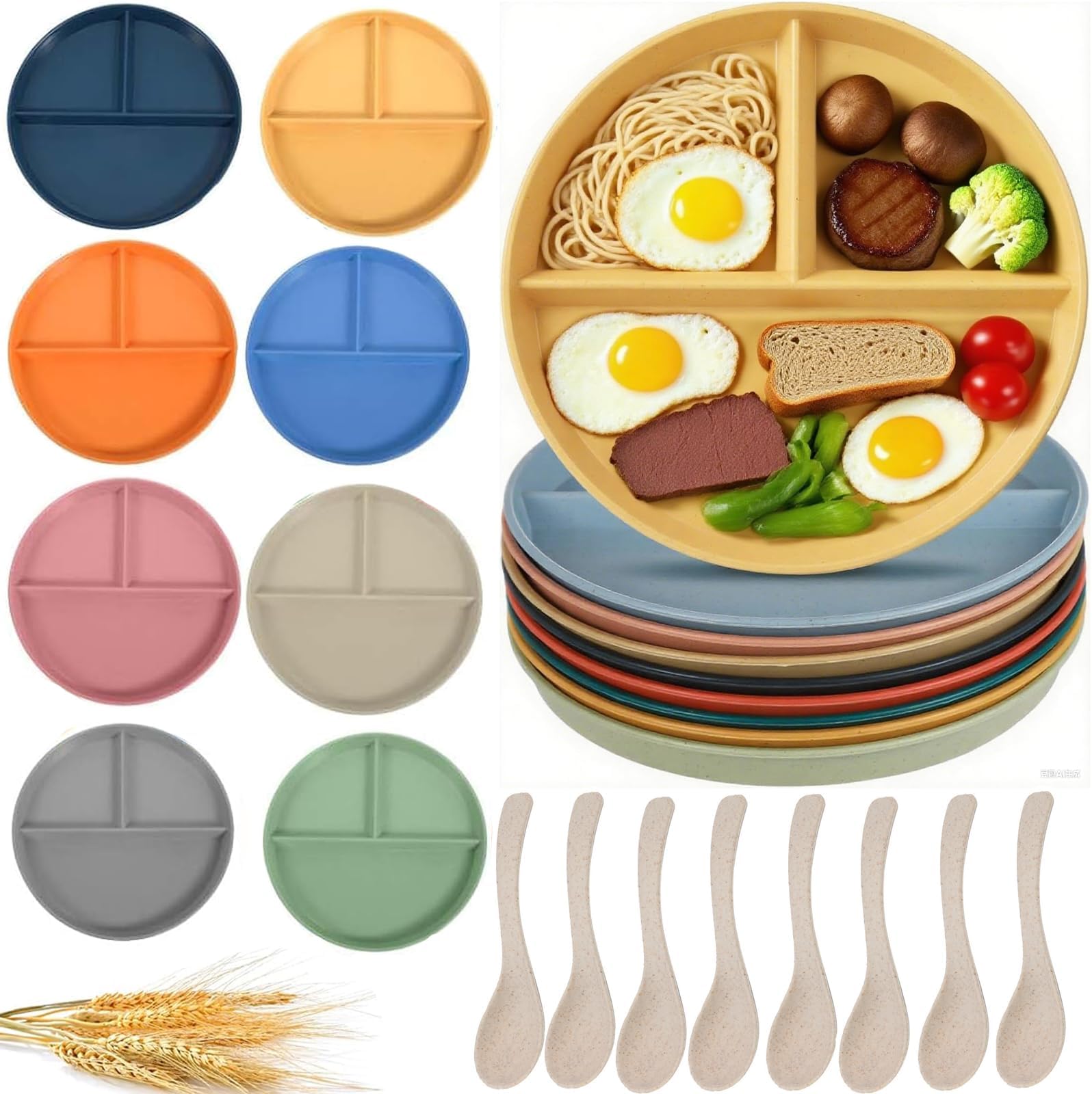 8 Pack Divided Plates 9 Inch Unbreakable Portion Control Plate Sectioned with Dividers, Plastic Food Separator Dinner Plates with 8 Spoons Lightweight Compartment Reusable Microwave Safe