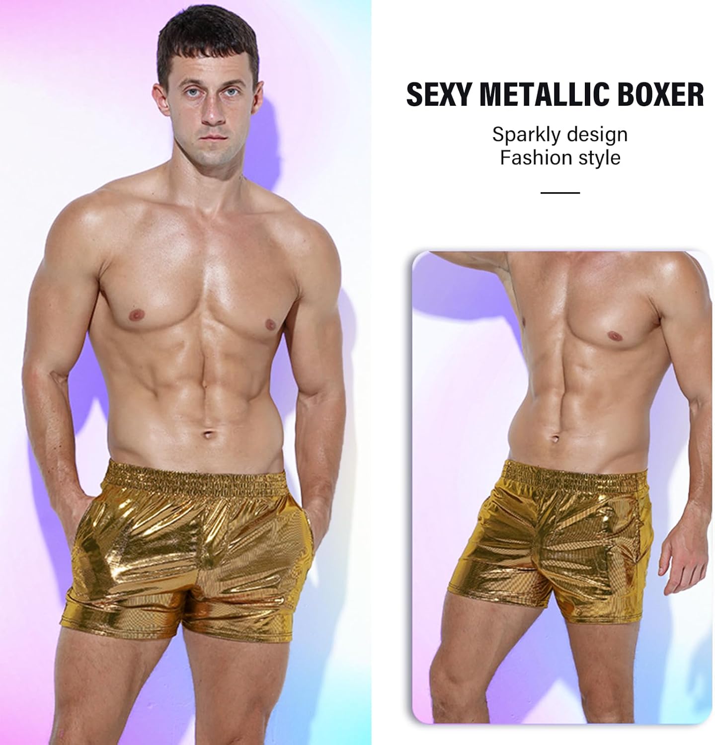 Mens Metallic Shorts Sparkly Shiny Holographic Short Pants Rave Outfits Booty Shorts with Pockets - Image 4