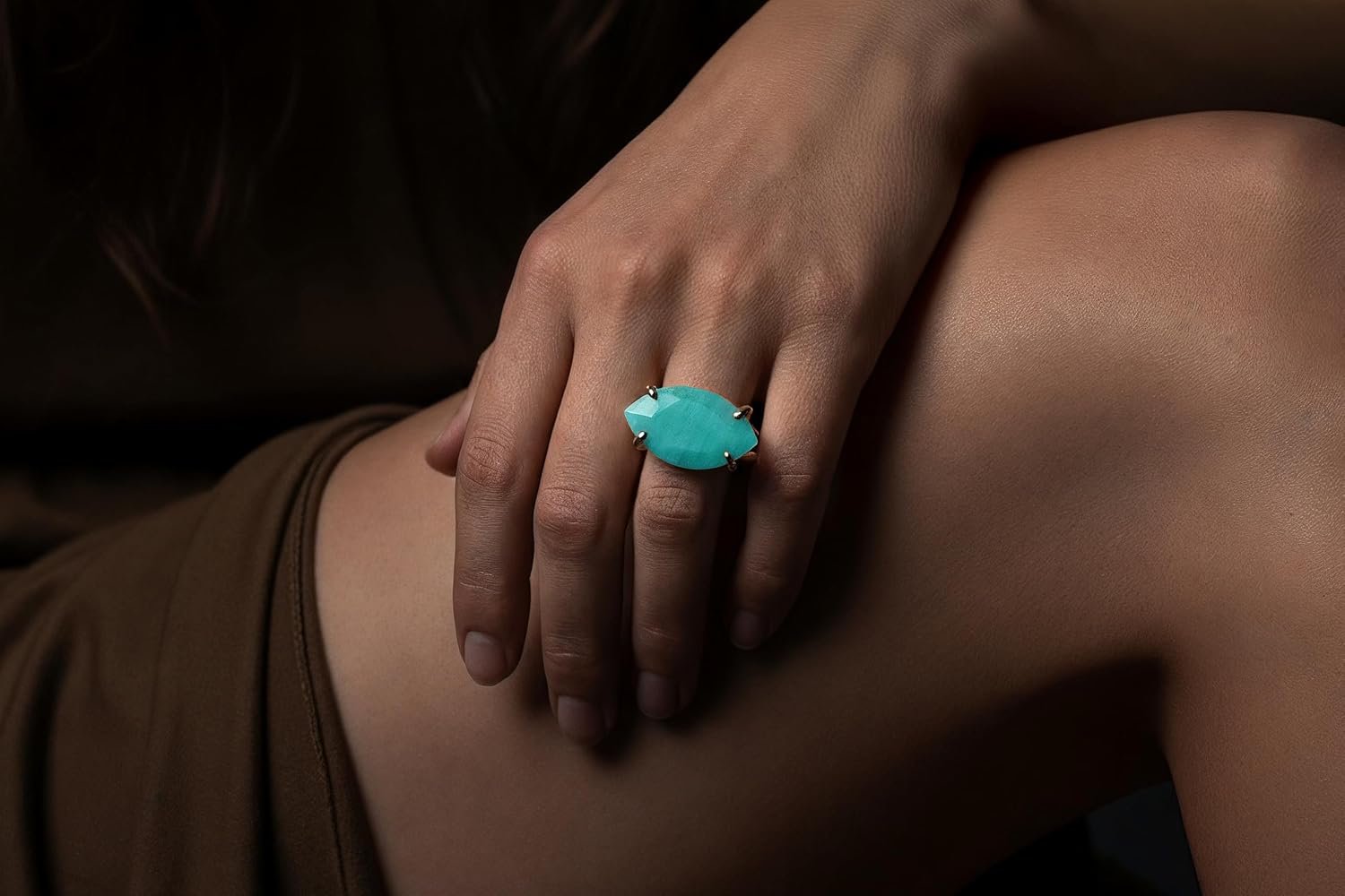 Amazonite Ring - 14k Yellow Gold Marquise Ring - Statement Cocktail Rings for Women - Jewelry for Anniversary, Birthday, Christmas - Custom Fine Ring