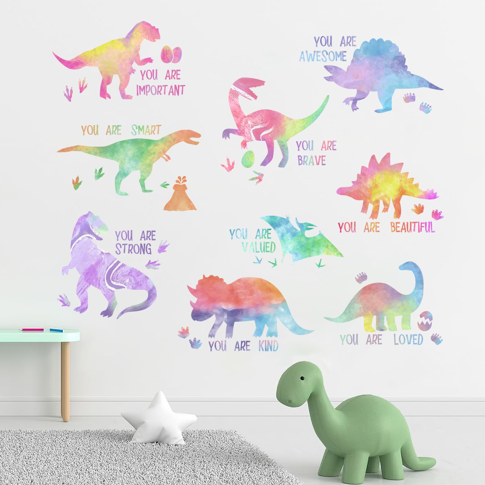 Yovkky Inspirational Pastel Gradient Dinosaur Wall Decals Stickers, Colorful Dino Motivational Quote Neutral Toddlers Nursery Decor, Positive Home