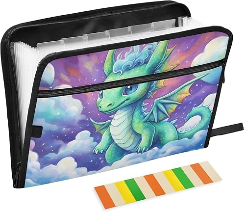 Organizador de carpetas de archivos expansibles, 13 bolsillos, tamaño A4, tamaño legal, bolsa de documentos de acordeón con etiqueta, lindo dragón