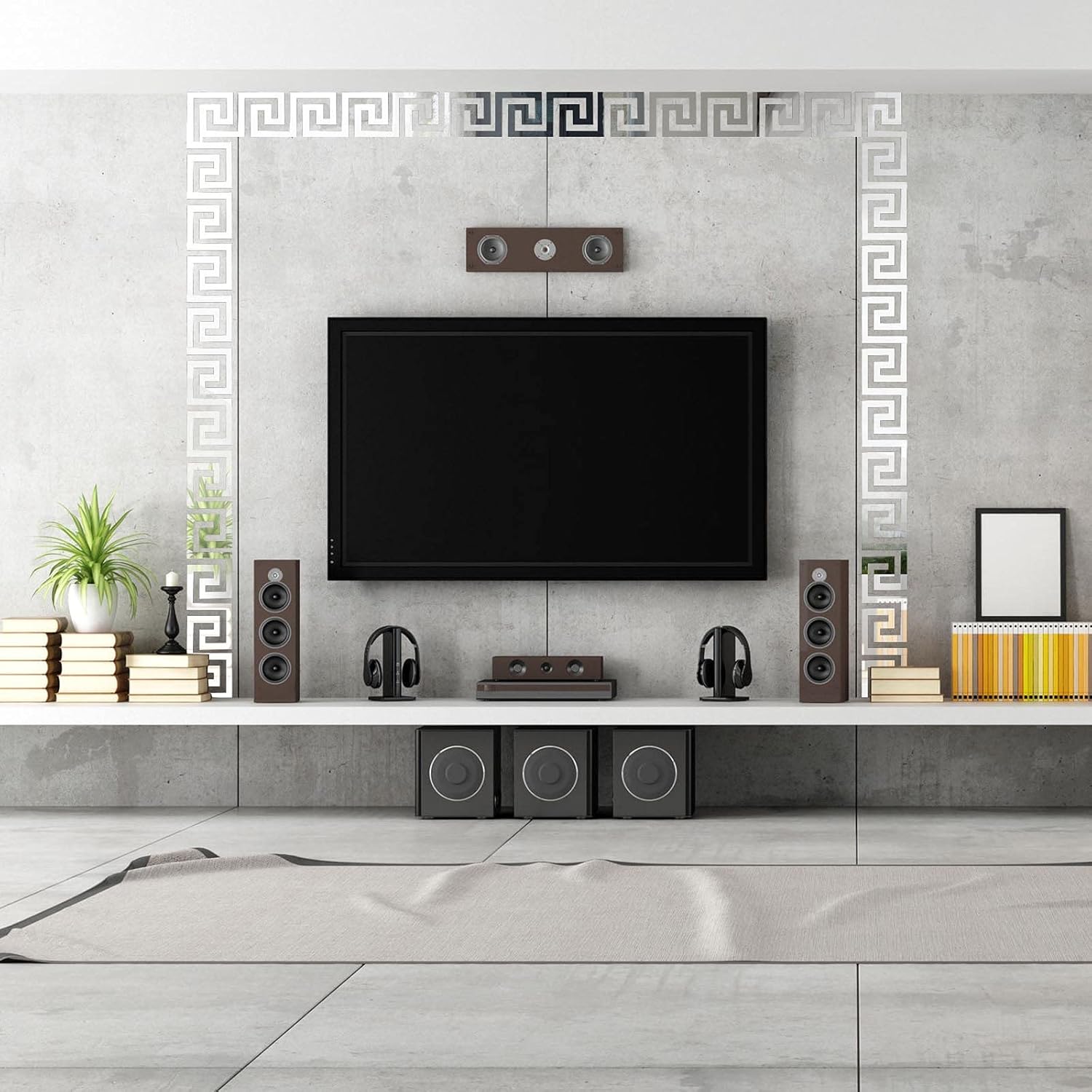48 Pieces Removable Acrylic Mirror Wall Sticker Decal Geometric Greek Key Pattern DIY Adhesive Wall Stickers for Home Living Room Bedroom Decor (Silver)