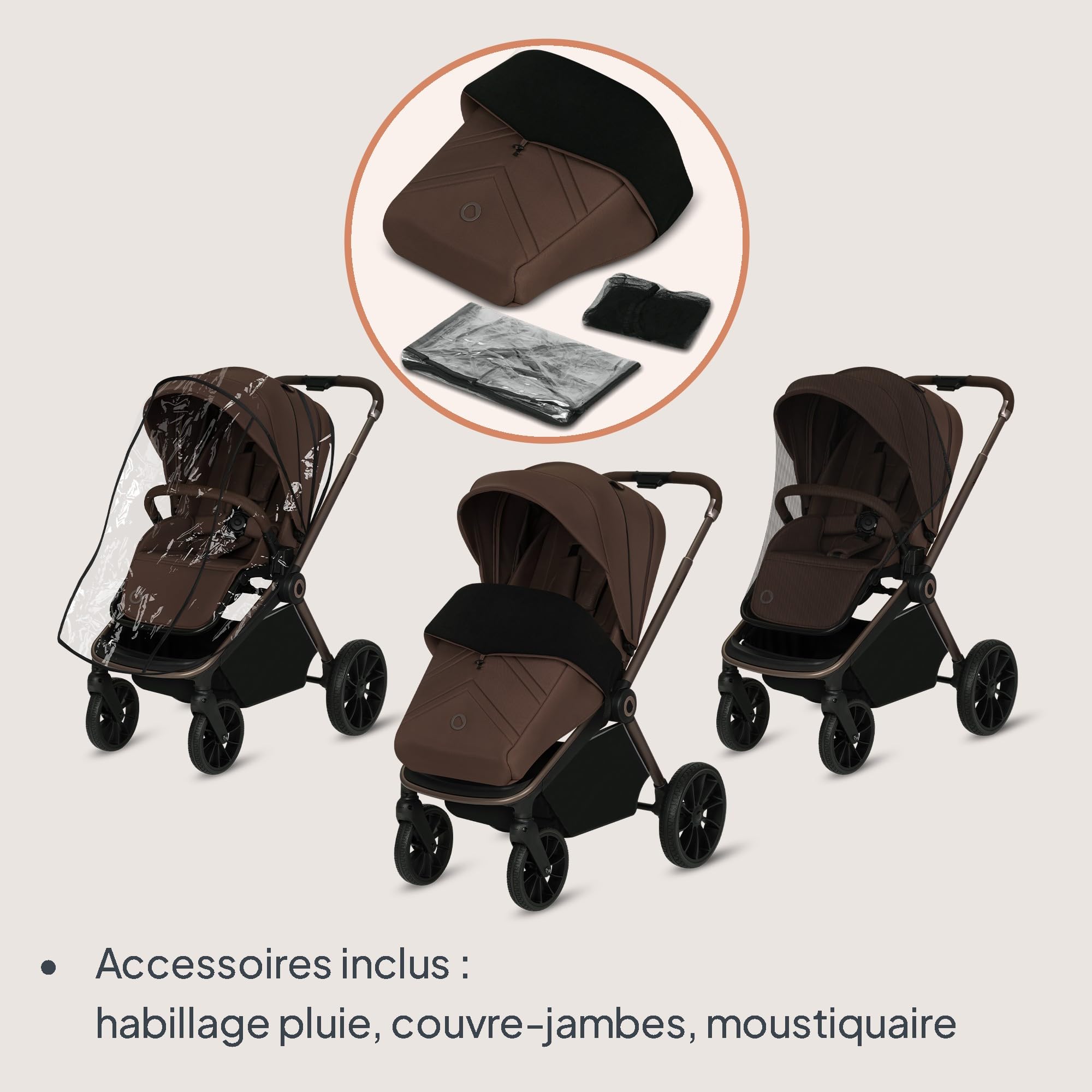 LIONELO MIKA PLUS 3 en 1 Poussette 0-48 mois jusqu'à 22 kg Nacelle 9 kg Siège Auto Roues 360° PU Auvent XXL Mocha Mousse