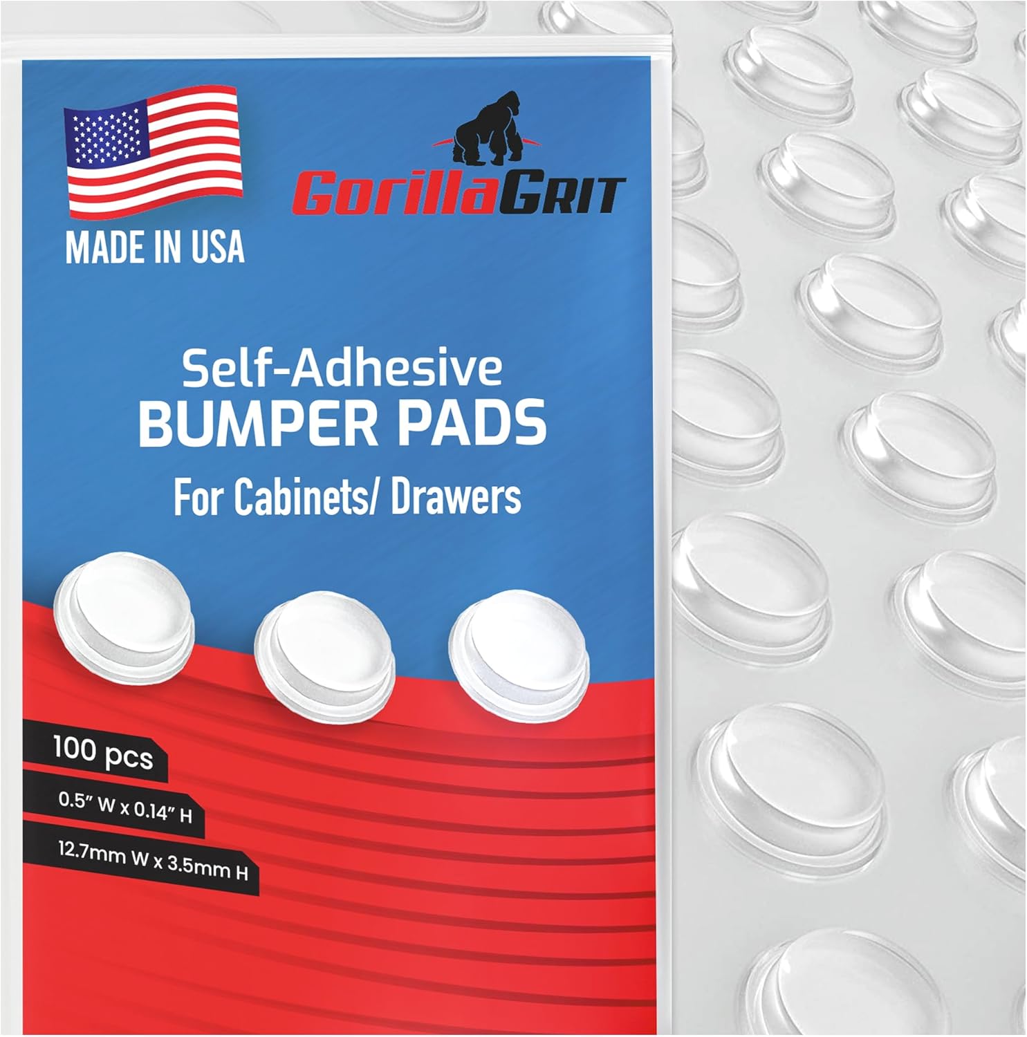 GorillaGritBumpers 100-Pack Clear Cabinet Door Bumpers - 1/2" Adhesive Pads for Quiet Drawers, Glass Tops, Furniture Protection