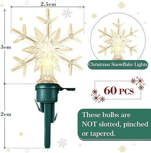 Miniatura 2 de Honoson Juego de 60 bombillas LED de repuesto para Navidad, copo de nieve, para árbol de Navidad, juego de luces de alambre para interiores y