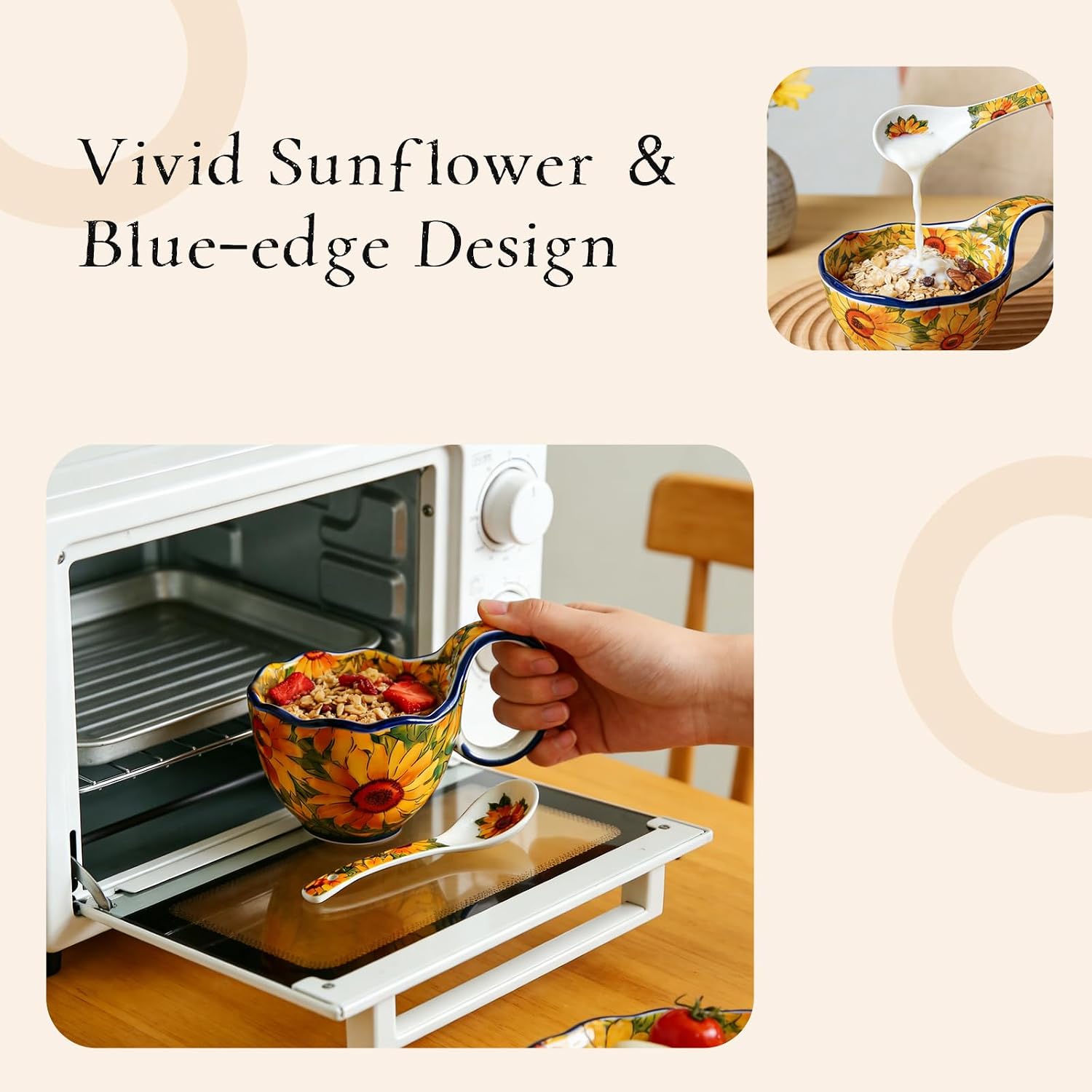 Sunflower Pattern Ceramic Soup Bowls with Handles - Decorative Soup Bowl Set for Breakfast Cereal/Yogurt (Including Spoon)