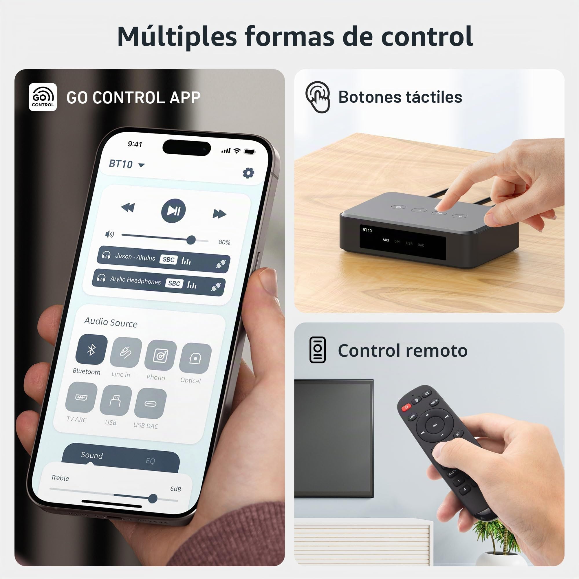Transmisor y preamplificador Bluetooth Acrylic BT10, compatible con aptX HD y aptX, adaptador de audio para TV y PC con app y mando a distancia