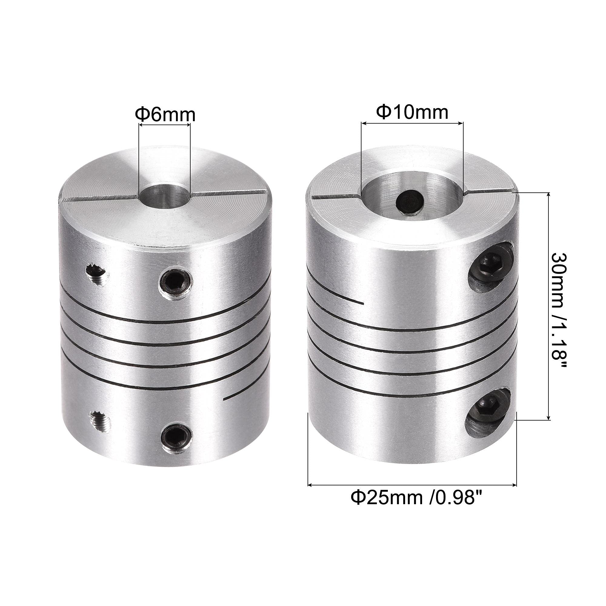 sourcing map Acoplamiento de Eje de 6mm a 10mm, Acoplador de Viga Helicoidal 30mm Longitud 25mm Diámetro, Conector de Aleación de Aluminio, Accesorios para Motor, 2 Pcs