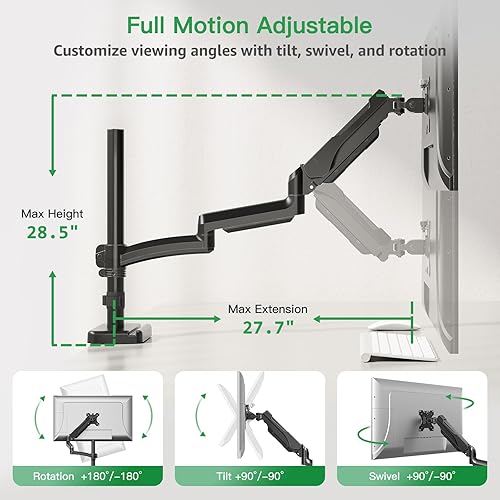 Miniatura 5 de MOUNT PRO Brazo de monitor largo individual, soporte de escritorio para monitor de computadora de 13 a 32 pulgadas, soporte de pantalla ajustable