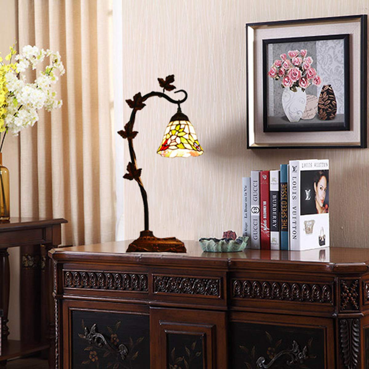 GDLight Tiffany-Art-Blumentischlampe Pastoral Glasmalerei Schreibtisch Lights Morning Glory Vine Gooseneck Leselampe für Wohnzimmer Schlafzimmer Nacht Cafe