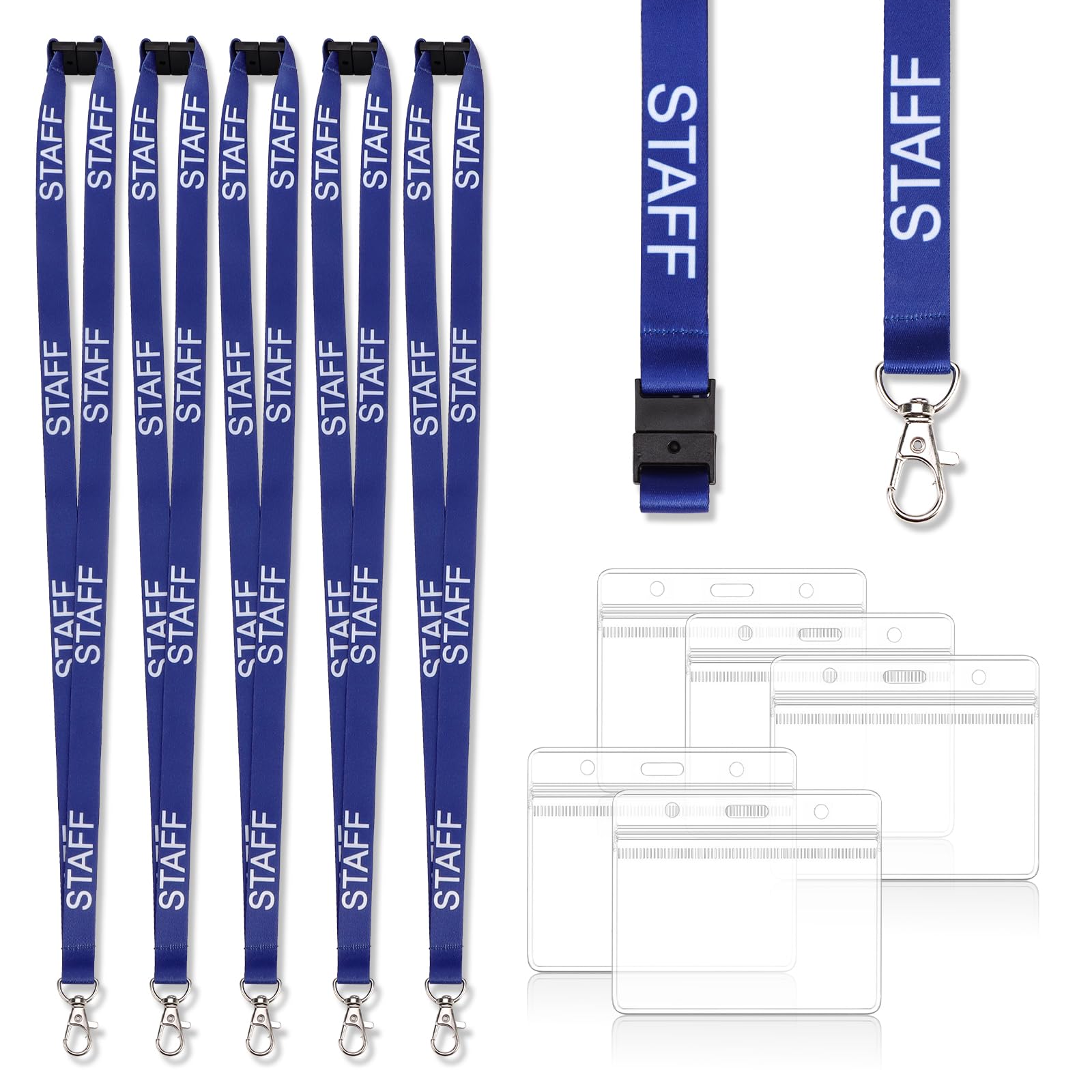 5 Pcs Blue Staff Lanyards for Neck Lanyard with Card Holder Transparent Waterproof Breakaway Safety Id Badge Holder for Id Cards Holder
