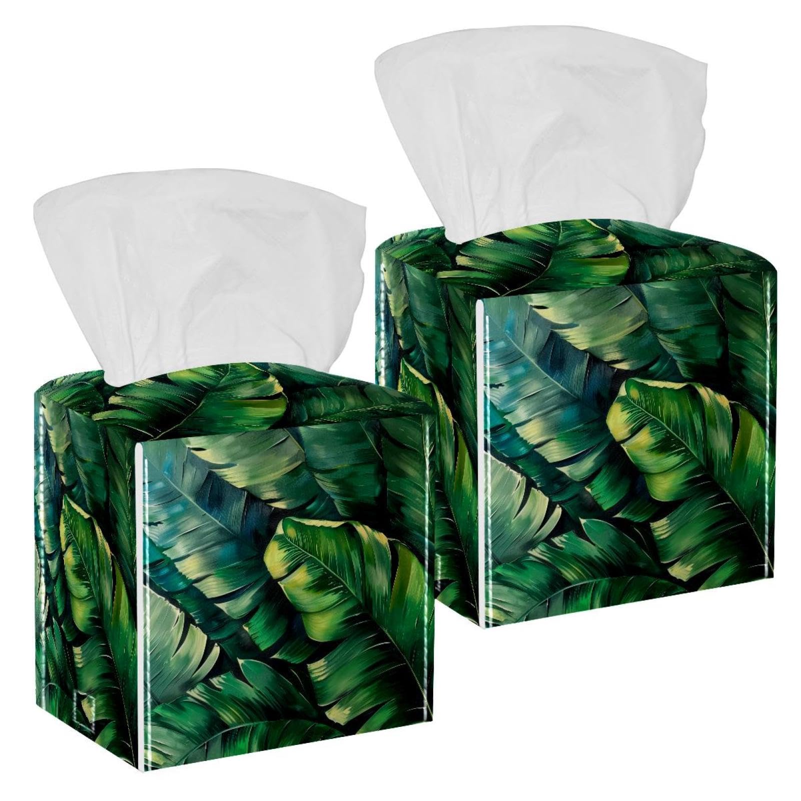 Tropical Palm Tissue Box Cover, 2 Pack PU Leather Square Facial Tissue Dispenser Box holder for Home Office Car