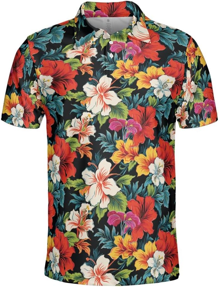 GyftWear Hawaiian Polo Shirts for Men Tropical Floral Moisture Wicking Short Sleeve Golf Shirt