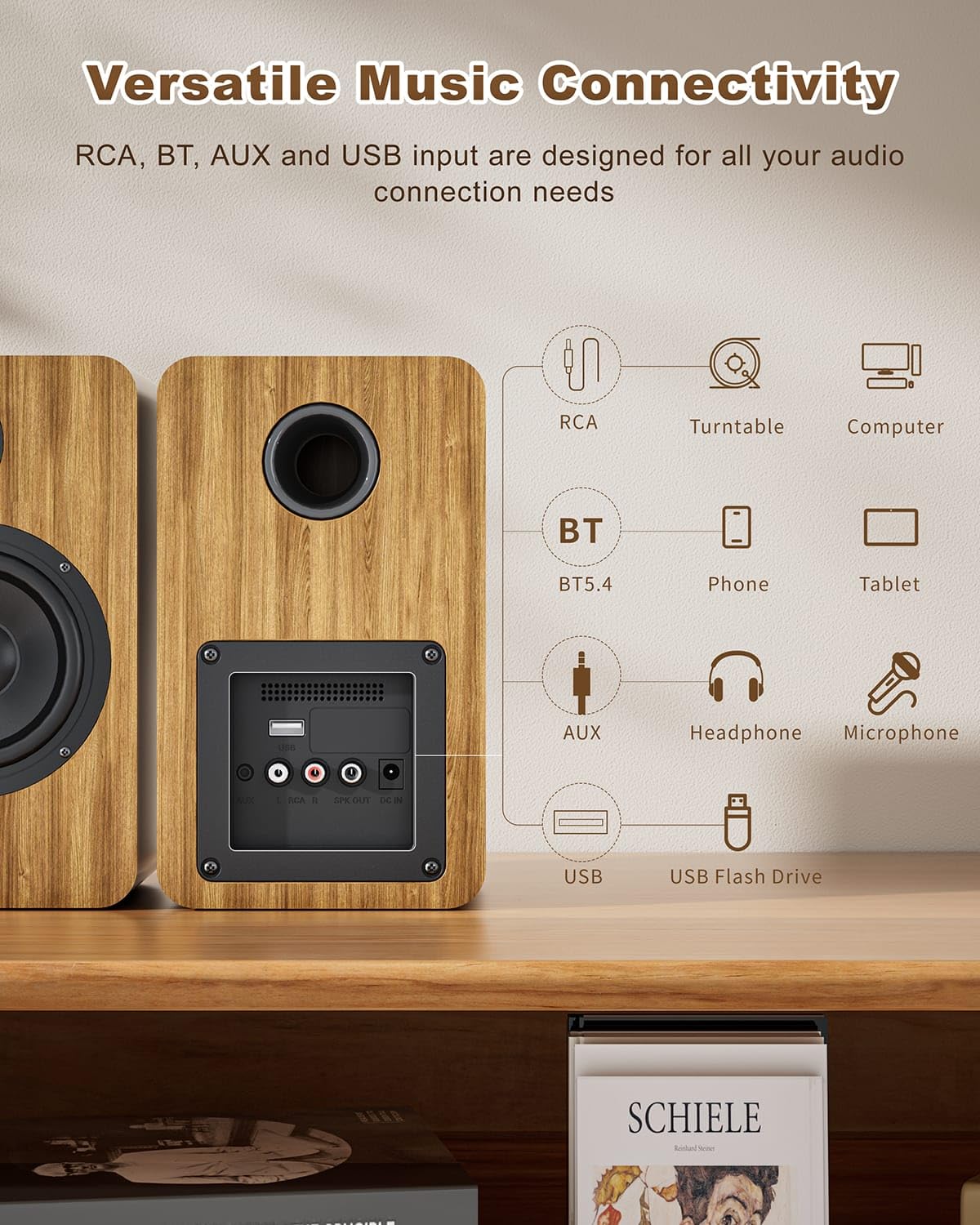 Coppia di altoparlanti da scaffale alimentati da 3,5 pollici, giradischi in vinile, altoparlanti stereo per la casa con ingresso AUX RCA da 3,5 mm, BT 5.4, altoparlanti USB per computer per PC audio