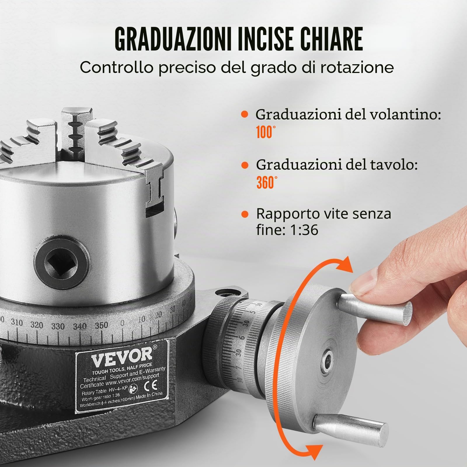 VEVOR Mandrino Girevole per Fresatrici Diametro 100 mm, Modello Orizzontale Verticale Tavola Girevole per Fresatura di Precisione, Mandrino a 3 Griffe da 80 mm Bulloni M10 Indicizzazione di Fresatura