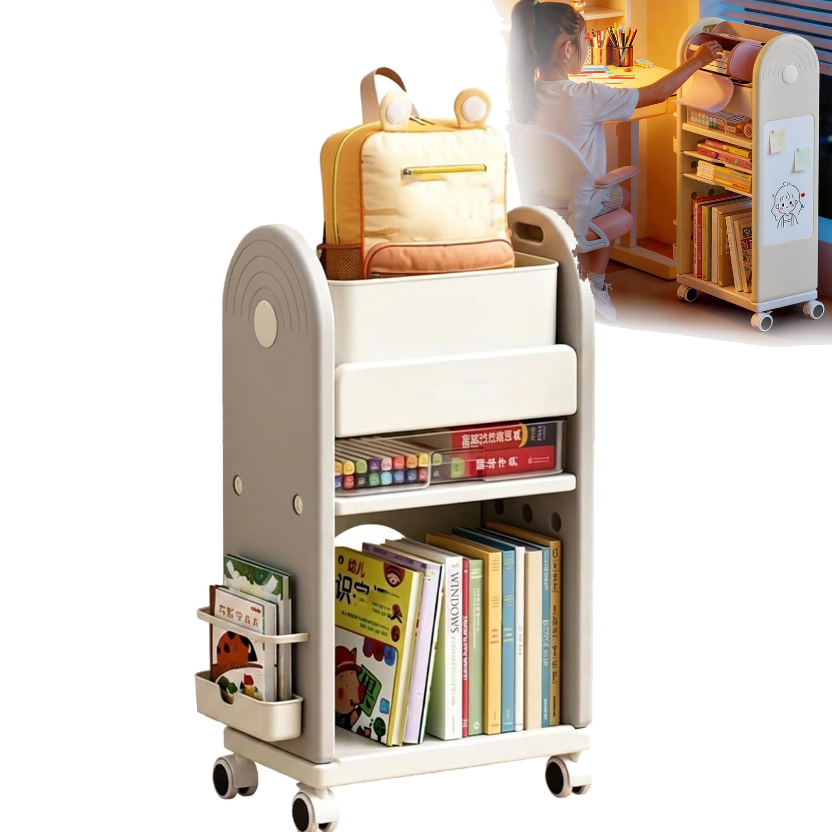 Home Bookcase Multifunctional 3Tier 5 Tier Bookshelf Organizer, Utility Cart with Lockable Casters, Narrow Rolling Storage Cart for Living Room, Bedroom, Kitchen (gray,3tier)
