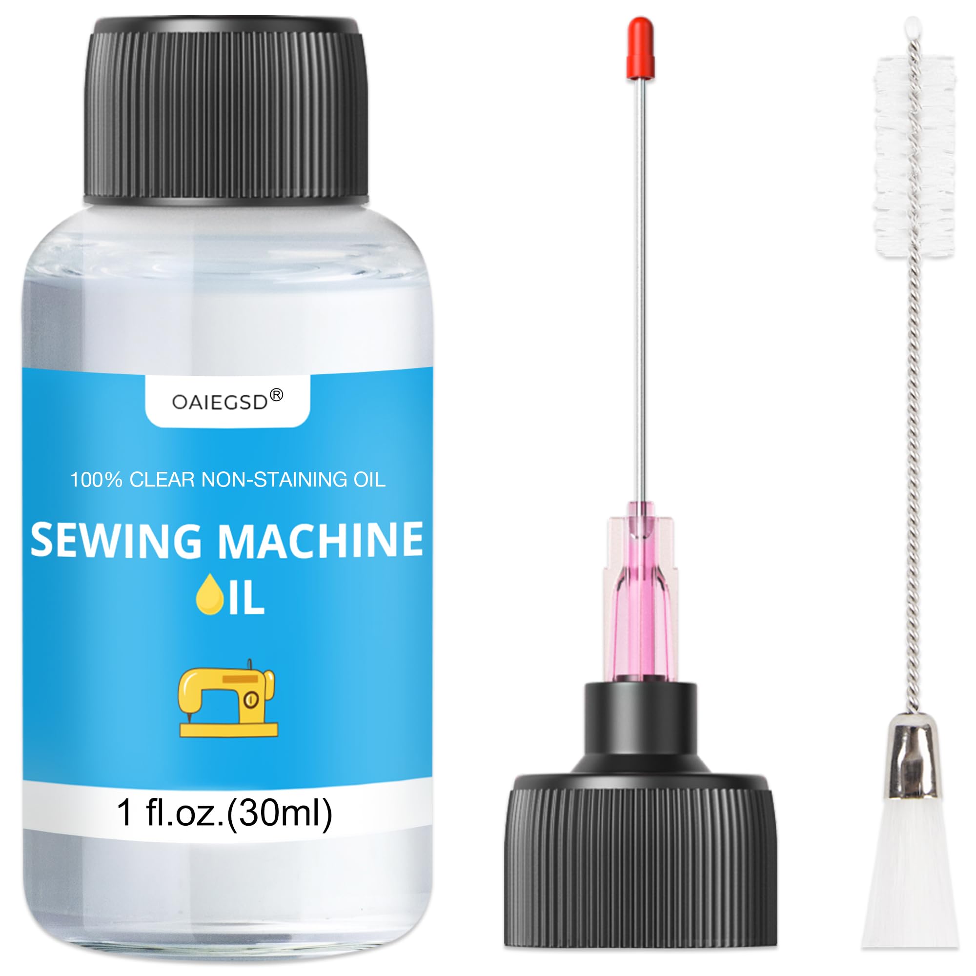 30ml Fine Light Sewing Machine Oil and Cleaning Kit, Includes Needle Tip Applicator & Dual-Ended Brush, Home & Industrial Mineral Sewing Machine Oil and Lubricant for Textile Machinery, by OAIEGSD