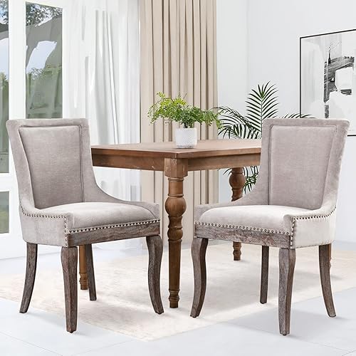 JETEAGO Juego de 2 sillas de comedor, sillas tapizadas de cocina y comedor, sillas de tela gruesa con patas de madera maciza de tonos neutros,