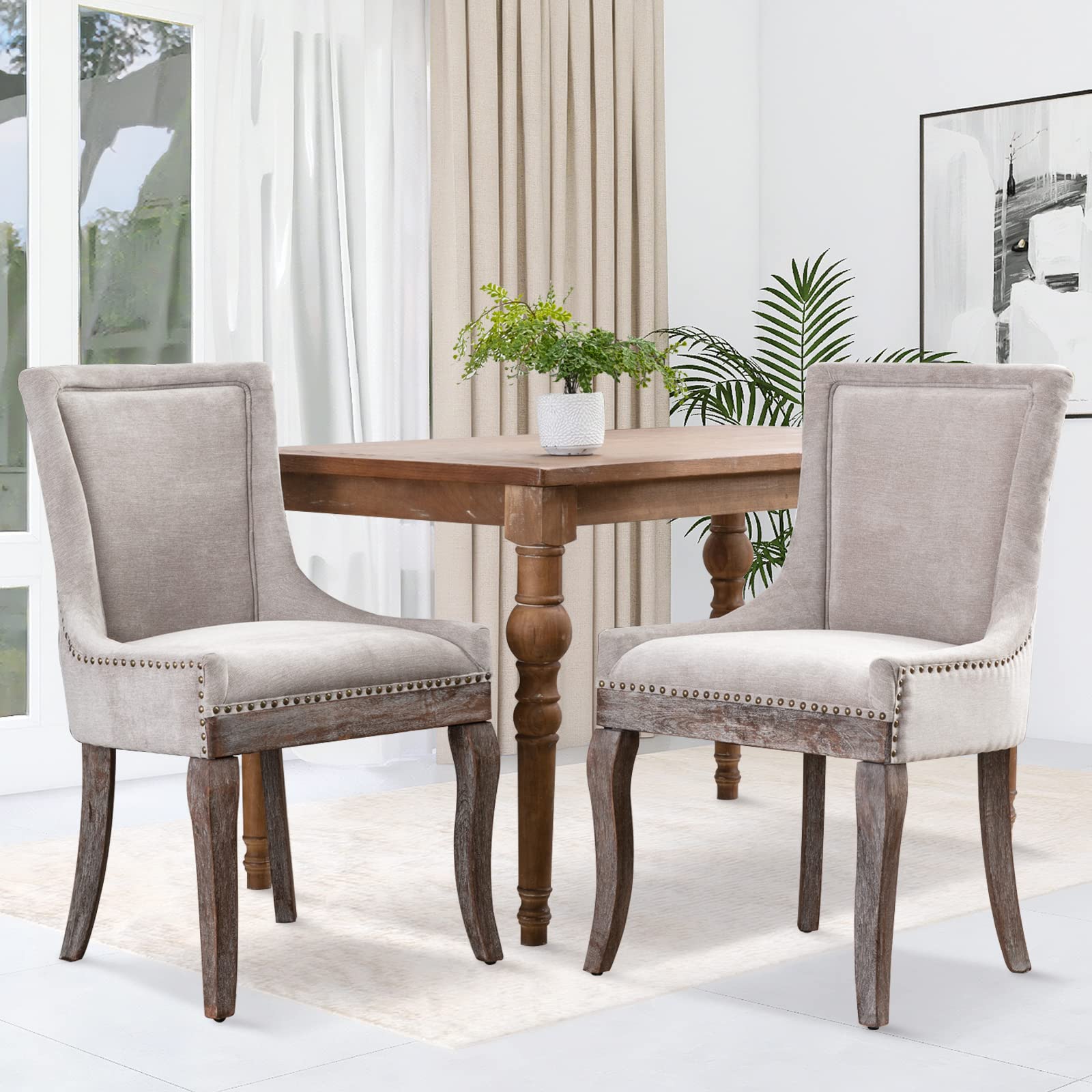 Silla de Comedor Tapizada en Terciopelo Gris con Detalles de Madera