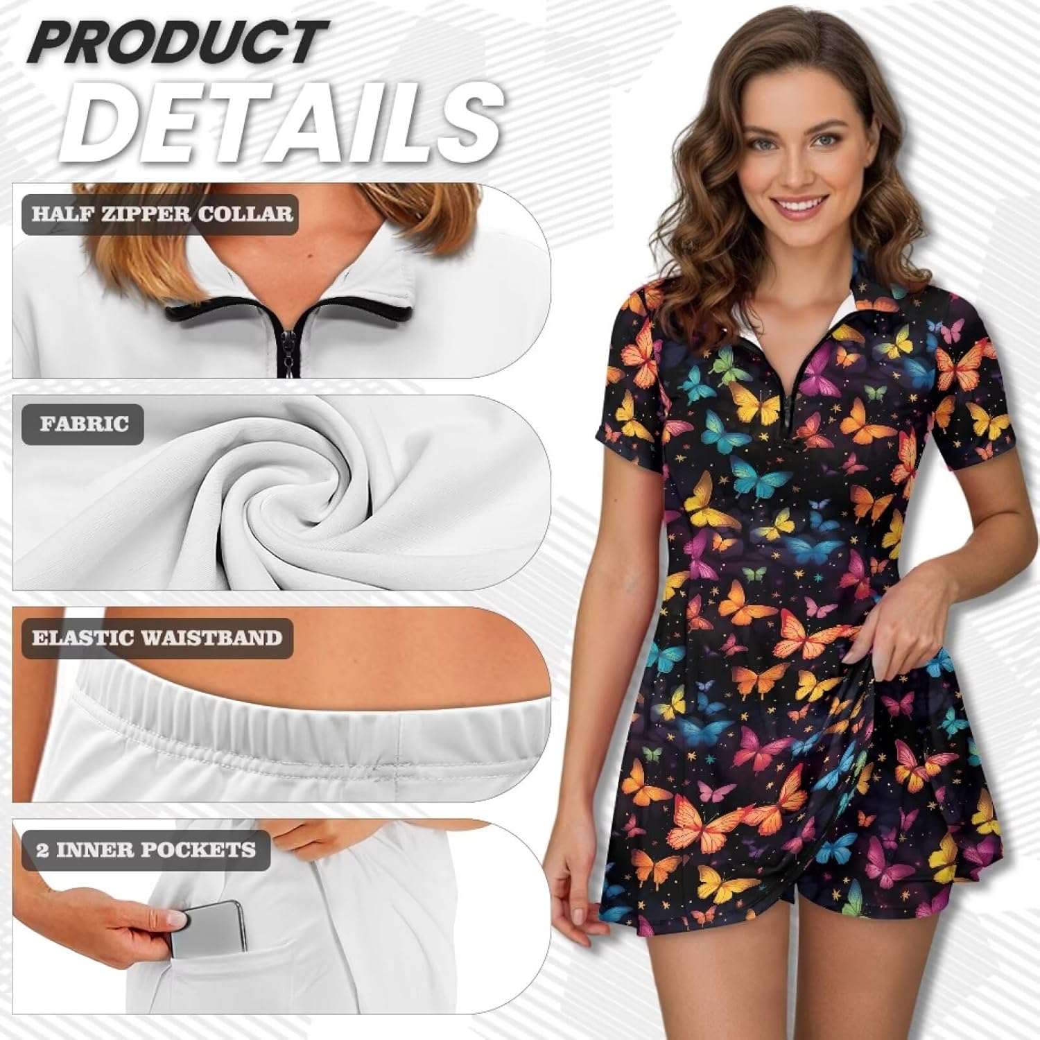 Camo Women Tennis Dress Gothic Skull Bat Plus Size Golf Tennis Dress with Built in Shorts Brown Cow Skin Activewear