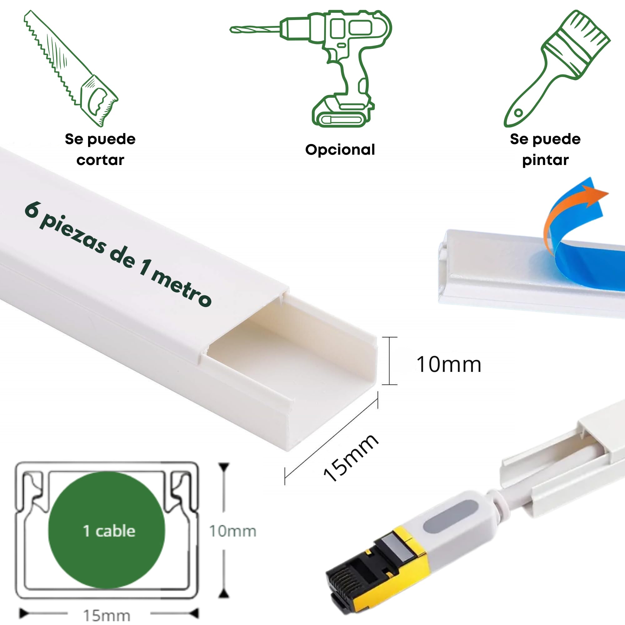 6x1metro (15x10mm) Canaleta Cables Pared Adhesivo | 6 Canaletas Cables de 1metro de Largo y 10 Accesorios - Cubre Cables Color Blanco para Proteger o Esconder Cables
