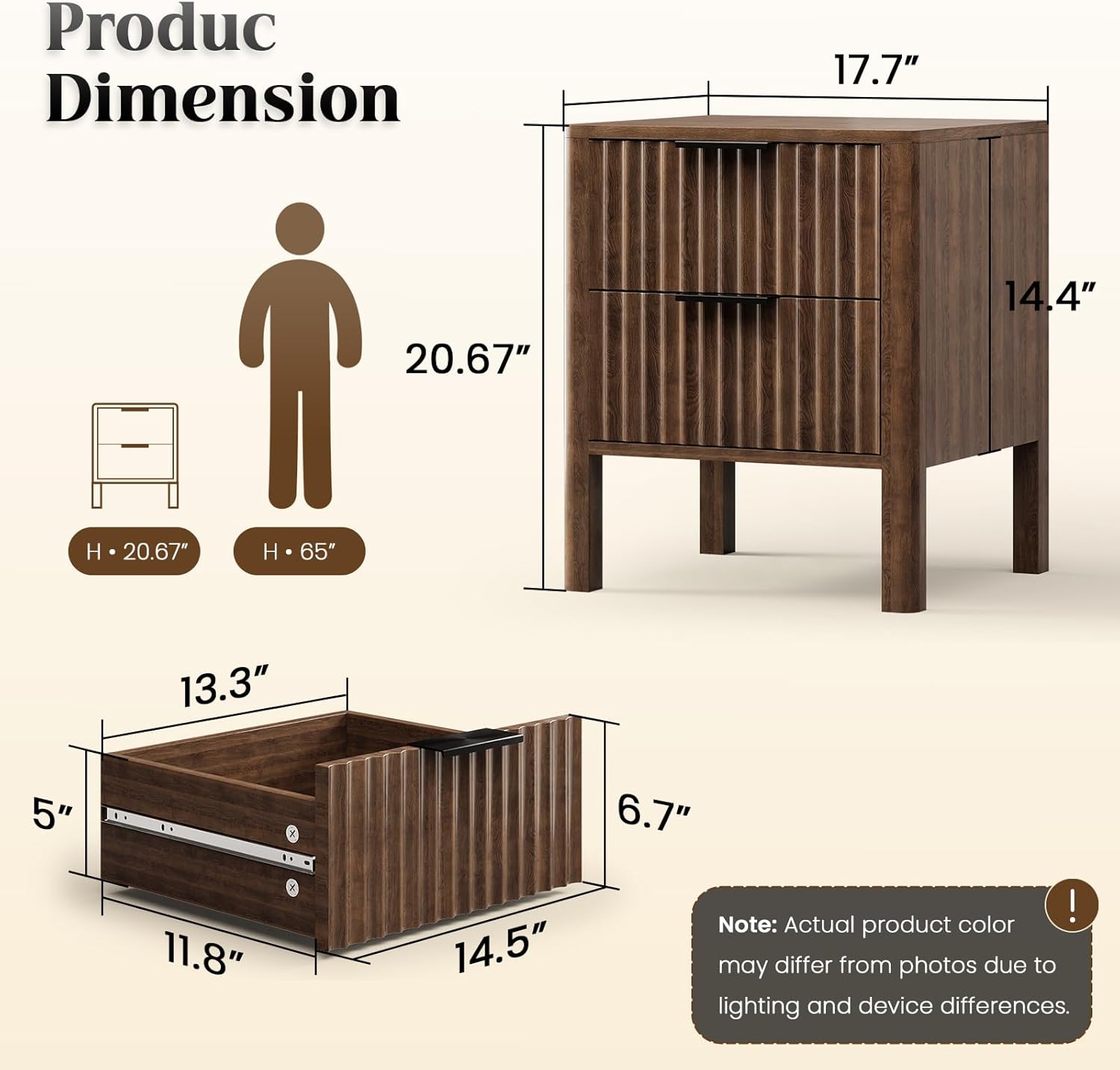 18" Fluted Nightstands Set of 2, Bed Side Tables with Drawers for Bedroom Mid Century Modern Night Stand Wood Nightstand Small End Table Bedroom Set, Walnut