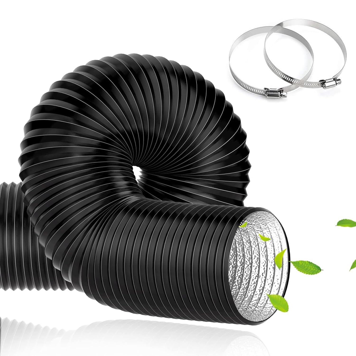 TEOV Ventilation Ducting 125mm x 5m, Aluminium PVC Flexible Duct with 2 Stainless Steel Duct Clamps for Mobile Air Conditioning, Exhaust Air Fan, Exhaust Hood, Ventilation System