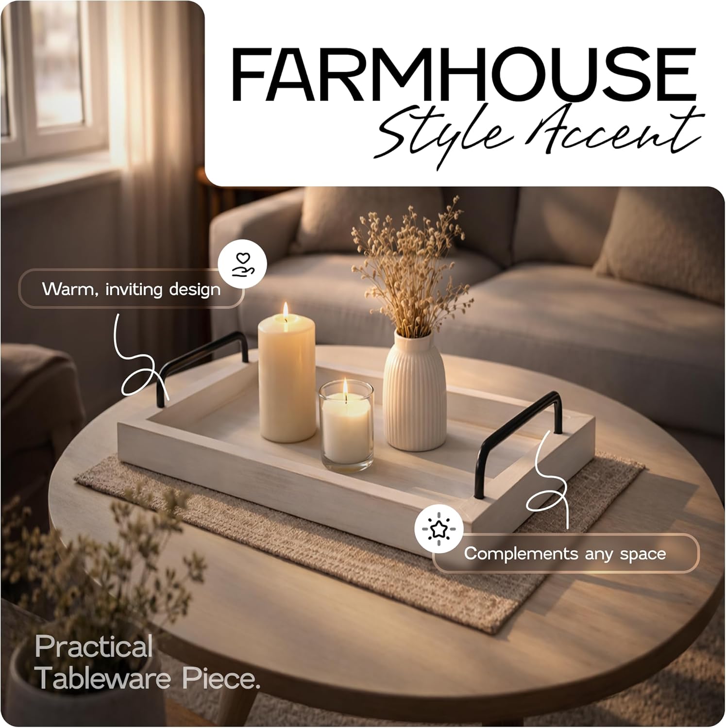 besti rustic vintage food serving trays (set of 2) | nesting wooden board with handles | stylish farmhouse decor serving platters | large: 15 x2 x11” - small: 13 x2 x9” inches (rustic off white)