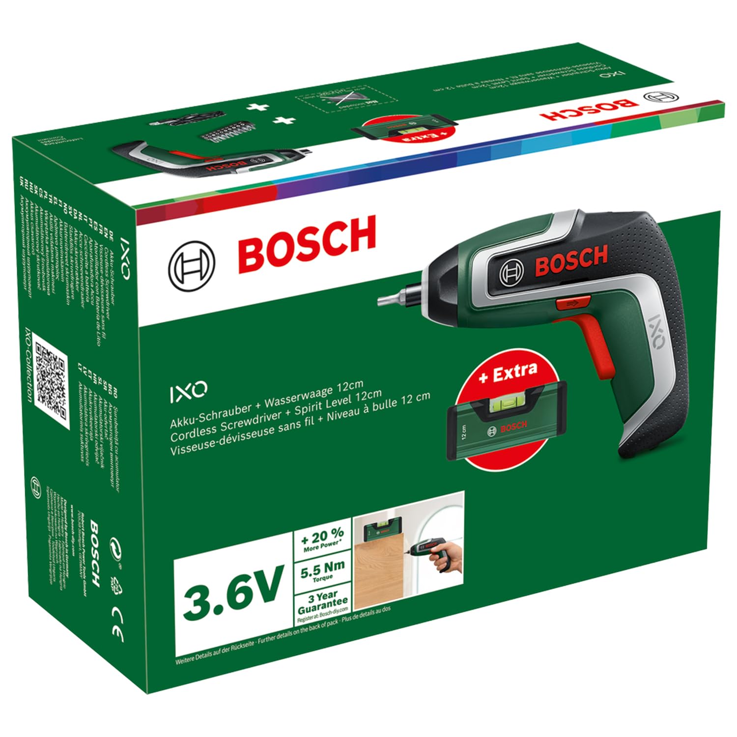 Bosch Cacciavite a Batteria Compatto IXO con Set di Livelle, Gen 7th, 3.6 V, 2 Ah, 5.5 Nm, con Mini Livella a Bolla e Cavo Micro-USB, Compatibile con la Serie IXO di Accessori, Viti fino a 190 viti