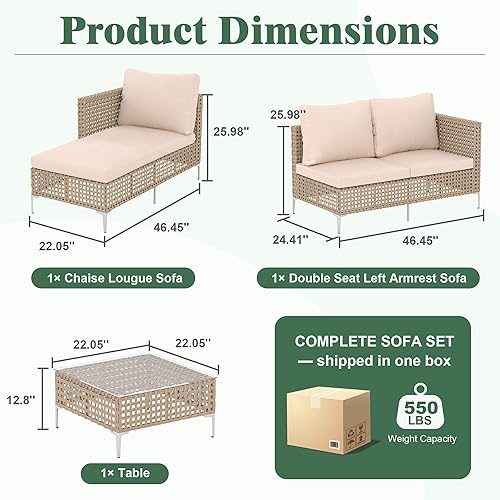 Miniatura 2 de Juego de muebles de patio, sofá al aire libre con mesa de café de cristal y cojín grueso, juego de sofá chaise longue de mimbre, juego de