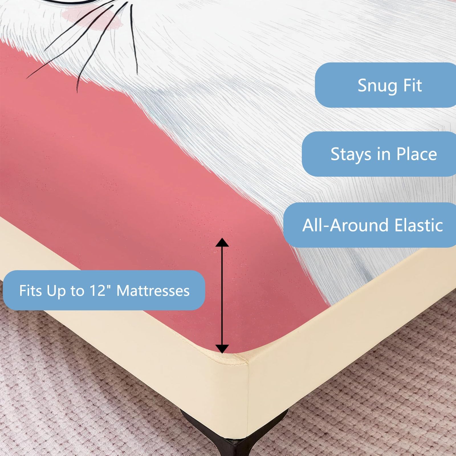 Juego de sábanas bajeras ajustables de 3 piezas, 90 x 200 cm, diseño de gato, de microfibra, color rosa, suave y agradable a la piel, transpirable, hipoalergénica, para colchones de hasta 30 cm de