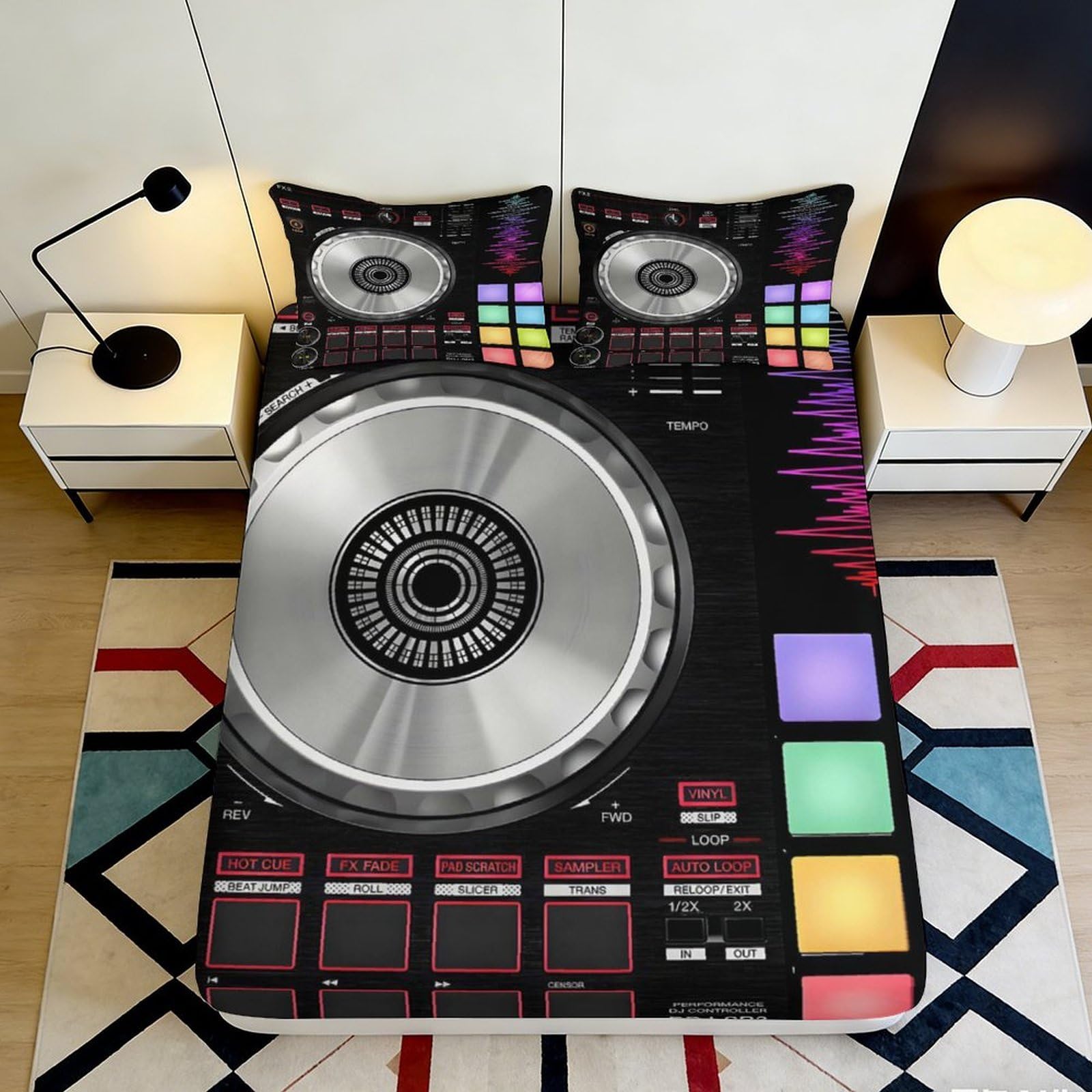 Uynsixtme Style-1 3D Printed Dj Turntable Fitted Sheet Microfiber Deep Pocket Non-Slip Bedroom Bedding Dj Design Mattress Fitted Cover Washable For Adults Teens 140X200x25cm