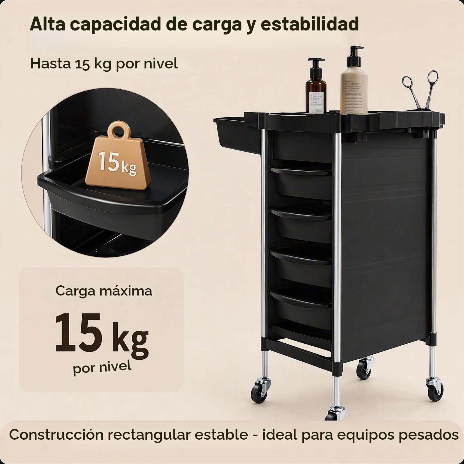 Carrito de peluquería de 6 pisos, carrito de peluquería, con 5 cajones, carrito de trabajo para peluquería, peluquería, peluquería, spa