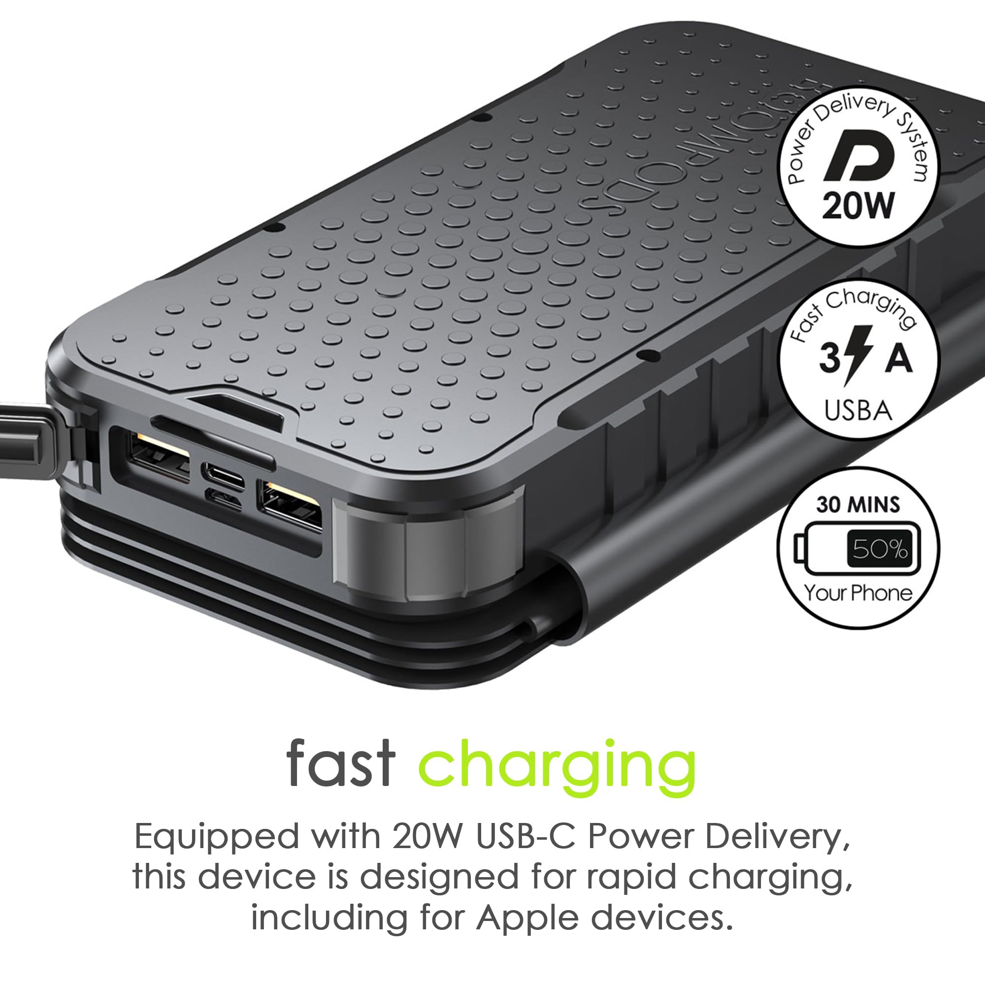 Boompods Neutron 16000mAh Faltbare Solar Powerbank - Tragbares Ladegerät mit Schnellladefunktion, Power Bank mit Solarpanel, 2X USB für Handy und Tablet, Camping-Taschenlampe, Schwarz