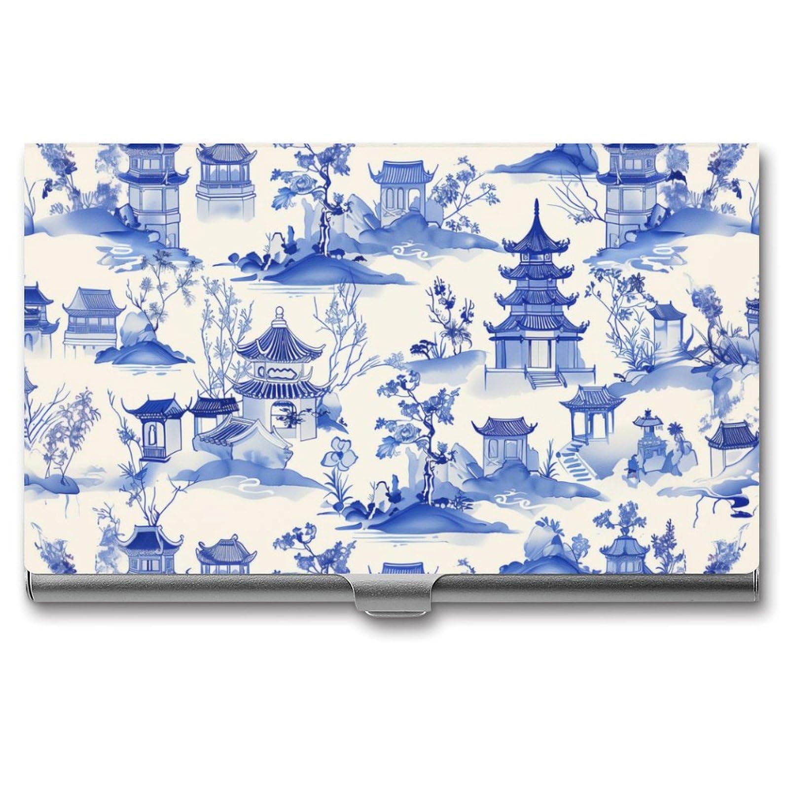 NONGYYOUE Ink Chinese Pagodas Business Card Holder Pocket Business Card Case Slim Business Card Holders Pocket Metal Case Name Card Holder for Men &