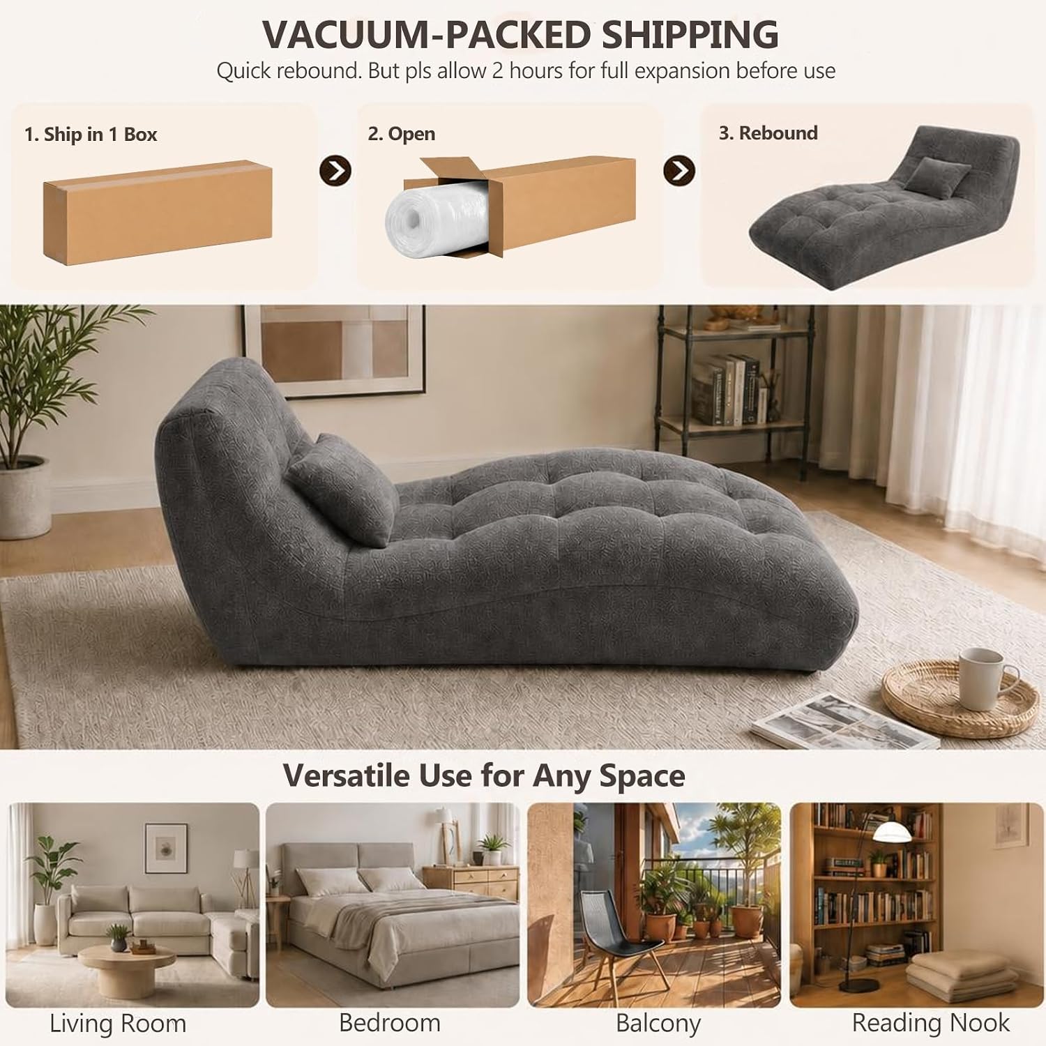 Comeon Chaise Lounge Chair with Backrest, Modern Curved Lazy Floor Recliner | with Cushion, Modern Indoor Sleeper Chair, Comfy Chenille Cover, Memory Foam Sofa for Living Room Bedroom Apartment, Gray