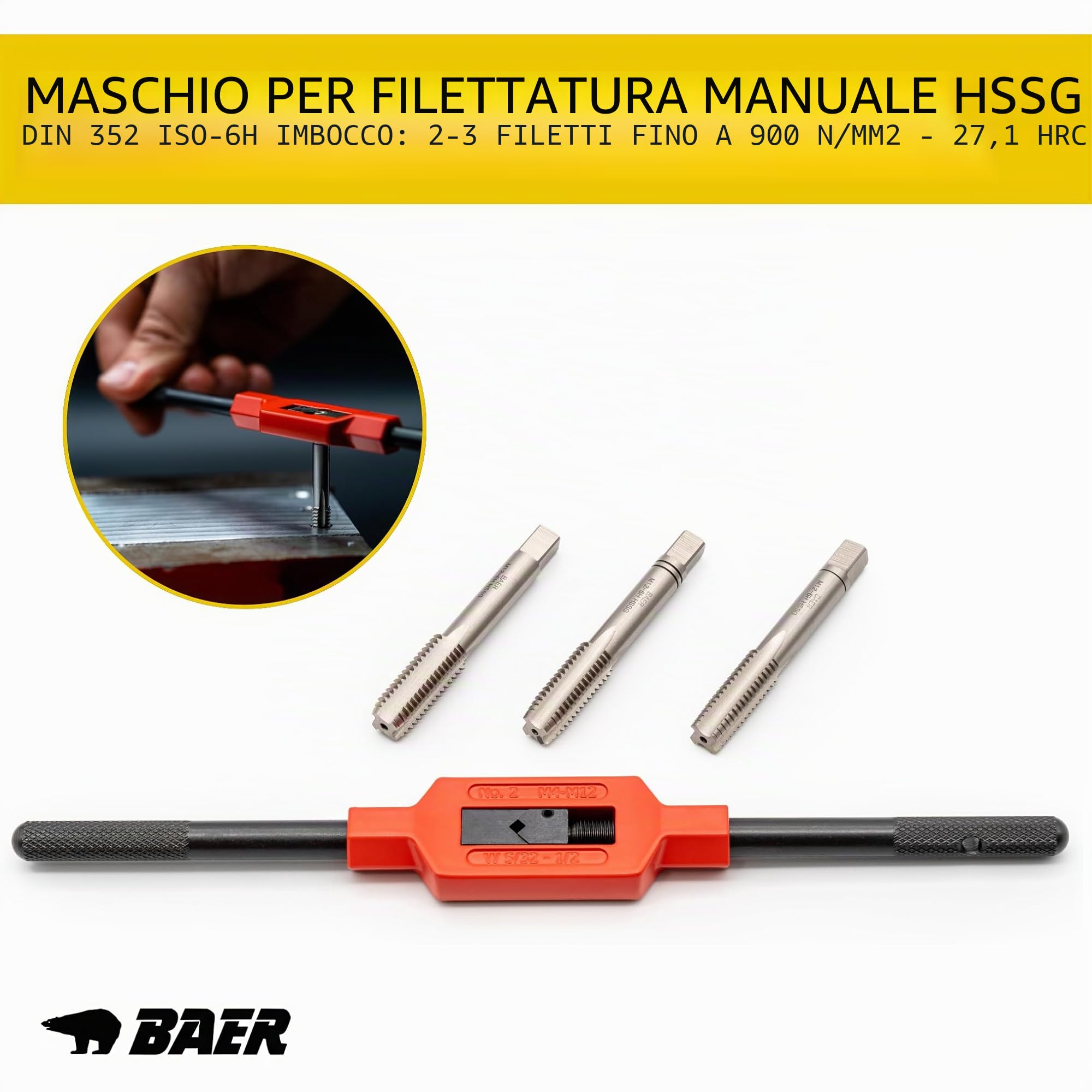 BAER Set di maschietti M3 – M12, HSS, file, utensili per filettatura, set di filettatura, maschio