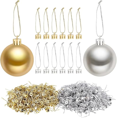 WEBEEDY 400 piezas de adornos de Navidad, tapas de adorno doradas y plateadas, reemplazo con cuerdas de colgador, juego de cordón para decoración de
