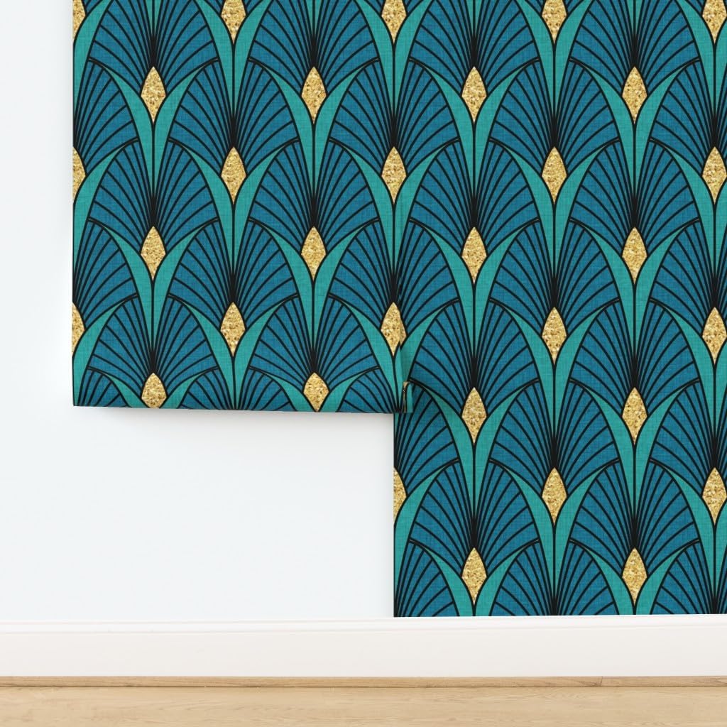Spoonflower Peel & Stick Wallpaper Swatch - Art Deco Peacock Emerald Gold Blue Teal Retro Elegant Custom Removable Wallpaper