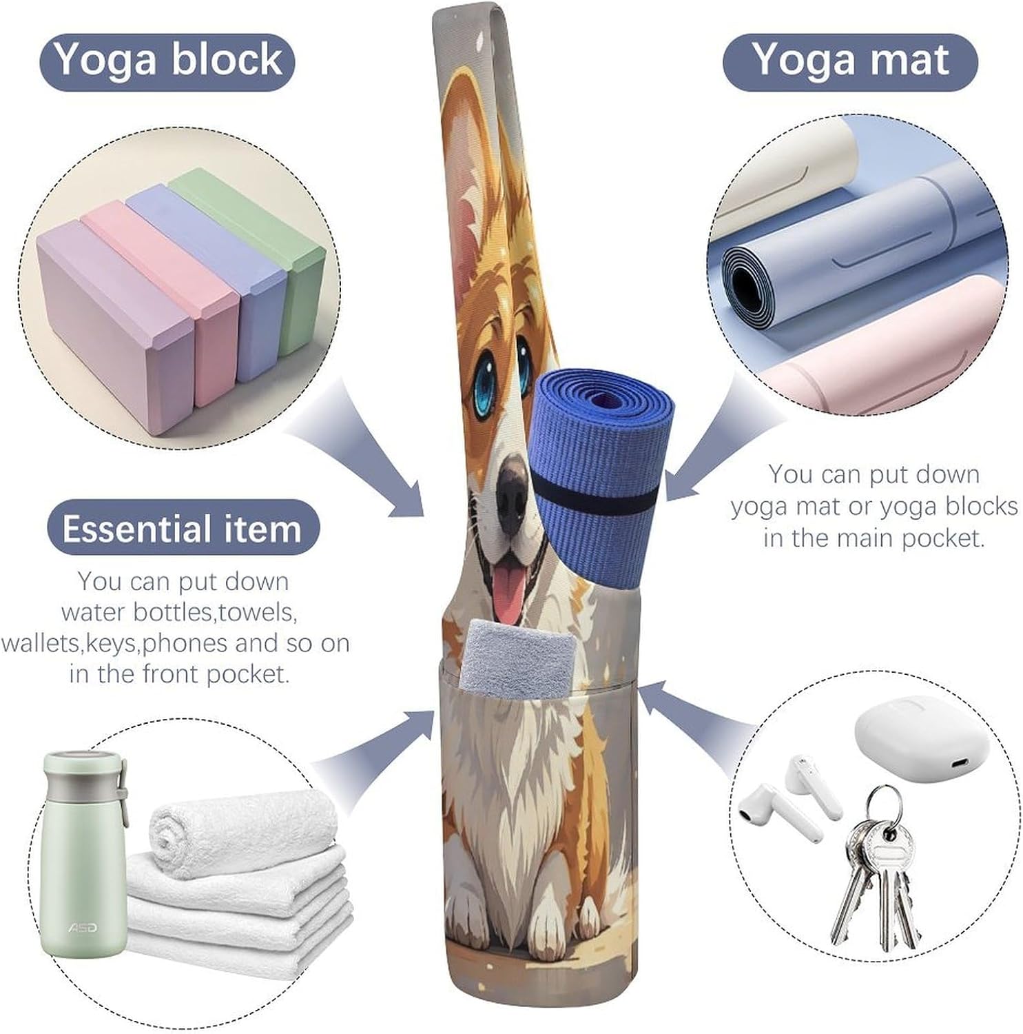 Cute Corgi Dog Yoga Mat Bag Stylish Lightweight Yoga Bag Versatile with Straps Storage Pockets Yoga Tote Yogas Mat Carrier Fits Most Size Mats image 5