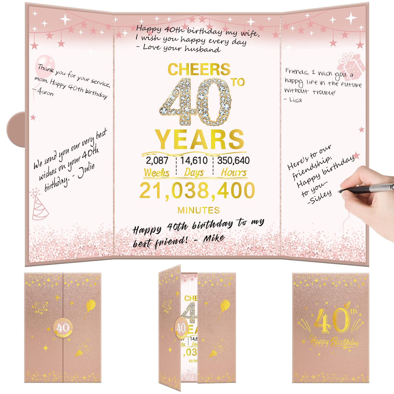 Large 40th Birthday Card with Envelope for Women, Big Pink Rose Gold 40th Birthday Signature Guest Book Party Decorations Gift, Cheers to 40 Years Old