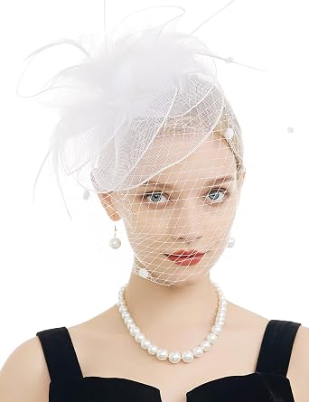 FELIZHOUSE Fascinators for Women Tea Party Hat Birdcage Veil Feather Flower Cocktail Wedding Headband with Clip