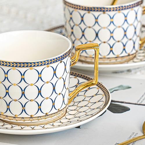 Miniatura 9 de CwlwGO -Servicio de taza y platillo de té azul de porcelana de hueso de 7 onzas para 4, juego de té de porcelana de la tarde con tetera, juegos de