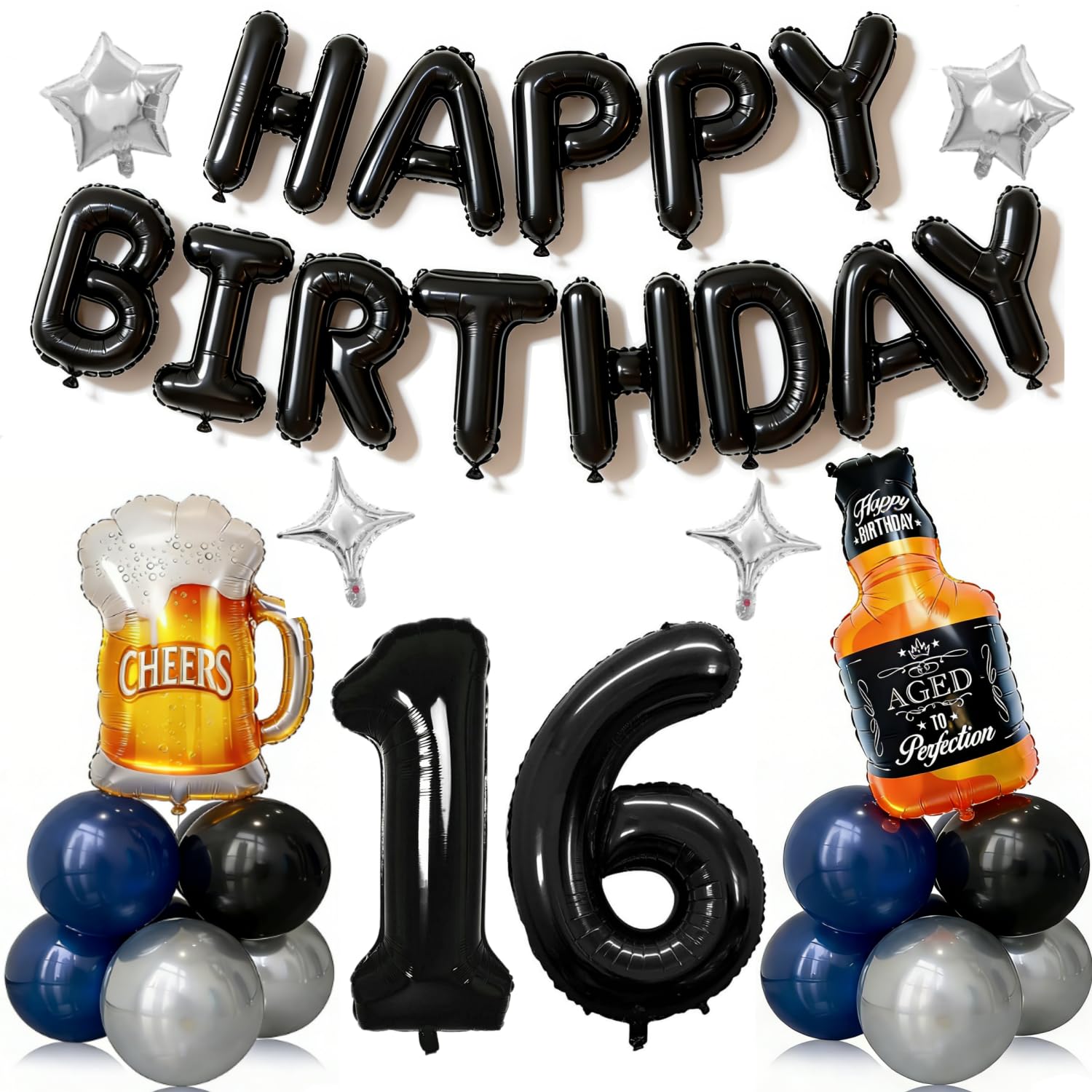 16th Birthday Decorations for Boys 41pcs with Number 16 Foil Balloon Black and Blue Balloons Whiskey Beer Kit for Party Supplies